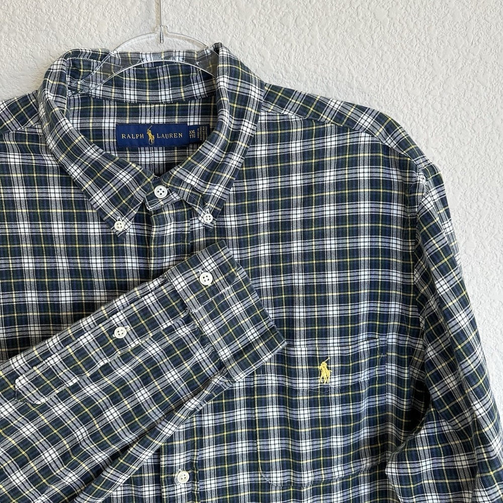 Ralph Lauren Polo Horse Plaid Oxford Button Up Shirt 2XL Green Blue Yellow Plaid